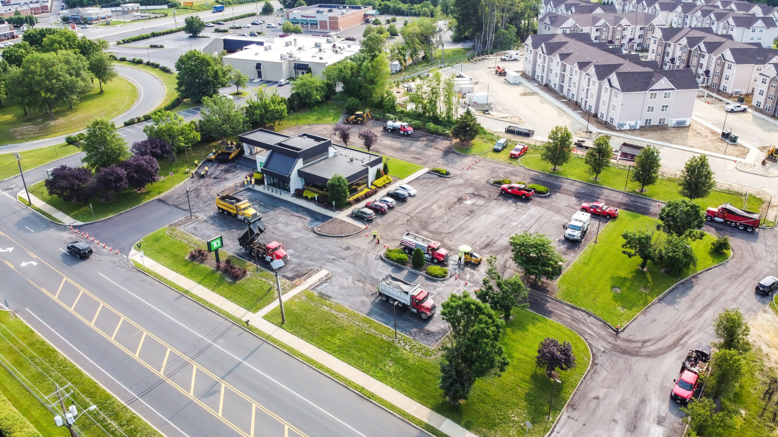 Overhead view of pavers milling TD Bank parking lot